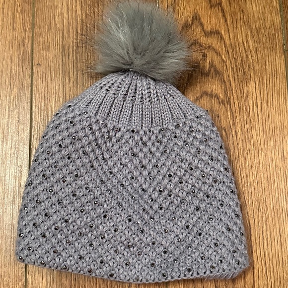 COCO+CARMEN/NWOT/warm and comfy grey hat with pompom rhinestones on front half - Picture 1 of 10